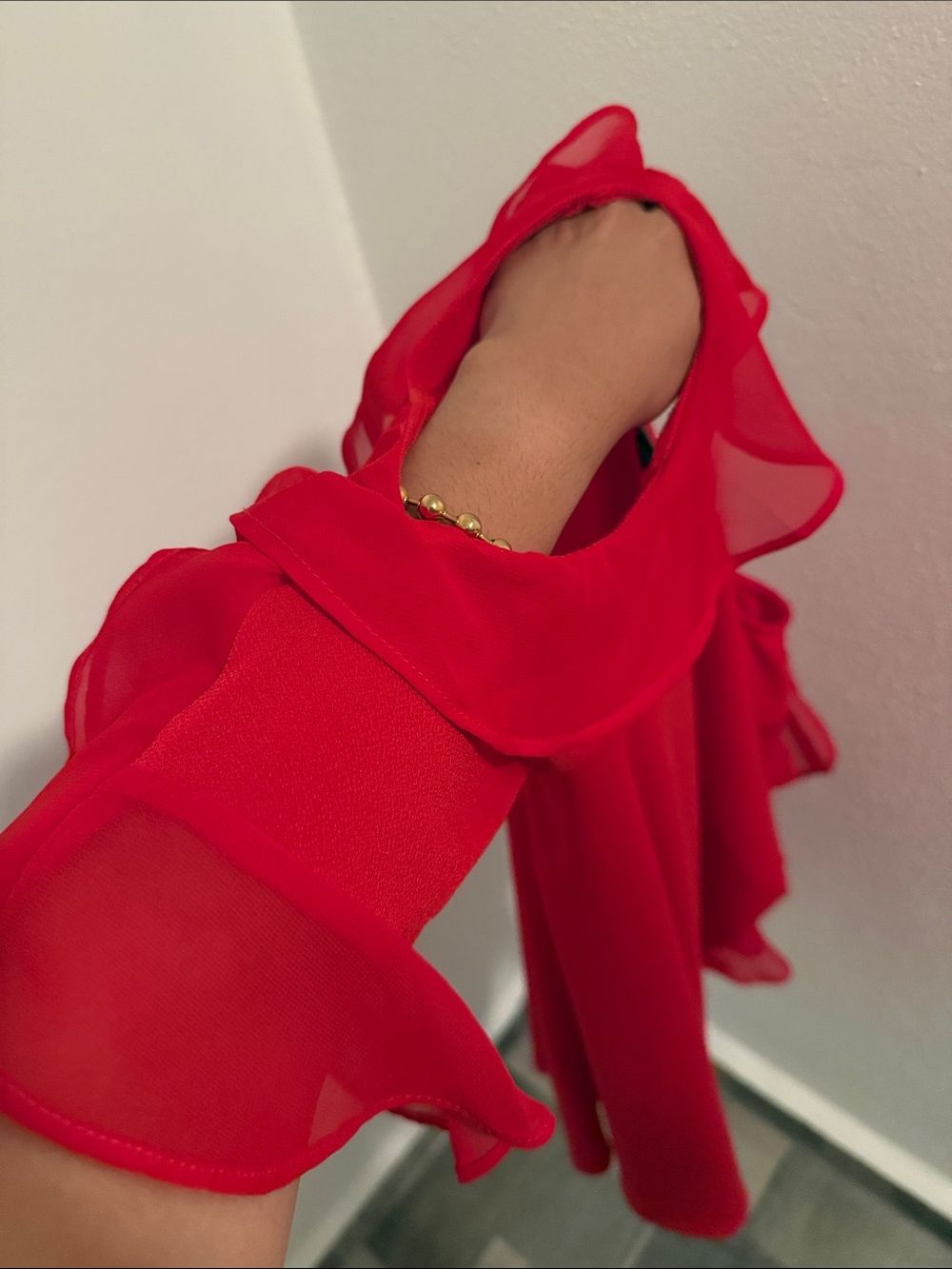 BOLD elements Red Ruffle Cold-Shoulder Blouse - Picture 7 of 7